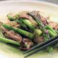 Our meatless adventure: Tofu, asparagus, shiitake mushrooms, onions and a LOT of garlic stir-fried in a black bean and to ban jian sauce. © Sugar + Shake