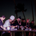 Mālama Maui participating chefs (in black, with lei) from left to right: Hiroyuki Sakai, Rick Tramonto, Marcel Vigneron, Greg Grohowski, Bev Gannon. © 2013 Sugar + Shake