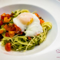 Pancetta, Garlic & Tomato Pasta with Poached Egg. © 2014 Sugar + Shake