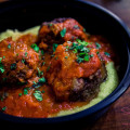 Beef Meatballs with Kim Chee Marinara over Polenta at Meatball Hawaii. © 2014 Sugar + Shake