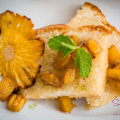 Kaffir Lime Vanilla Pound Cake with Kaffir Lime Glaze and Roasted Rum Pineapple. © 2014 Sugar + Shake