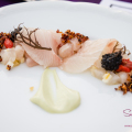 Hawai‘i Food & Wine Festival 2014: “Under a Maui Moon.” Kampachi with Osetra Caviar, Uni, Preserved Lemon & Toasted Quinoa by Chef Mourad Lahlou (Aziza, San Francisco). Wine pairing: 2013 Weingut Rudolf Furst ‘Pur Mineral’ Silvaner, Franken, Germany. © 2014 Sugar + Shake