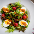 Sunday Salad: Mixed greens with tomatoes, bacon, hard-boiled eggs and “French-ish” dressing. © 2015 Sugar + Shake